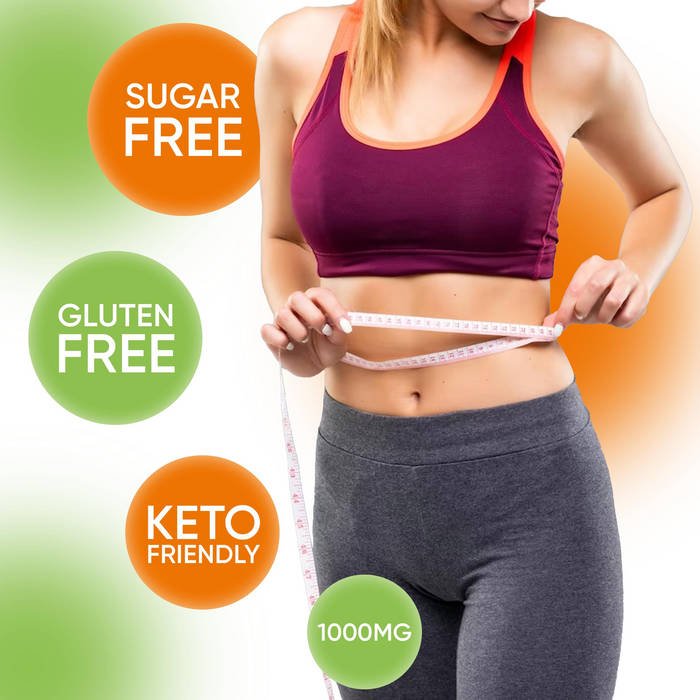 Waist measuring lifestyle image with sugar free gluten free keto friendly notes